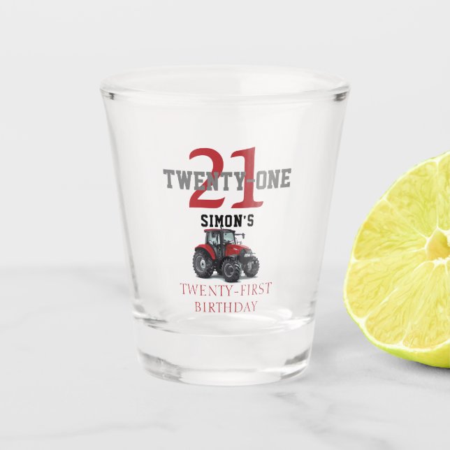 Twenty First Birthday Red Tractor Equipment Farm Shot Glass (Front)