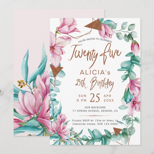 Twenty five watercolor floral 25th birthday party invitation (Front/Back)