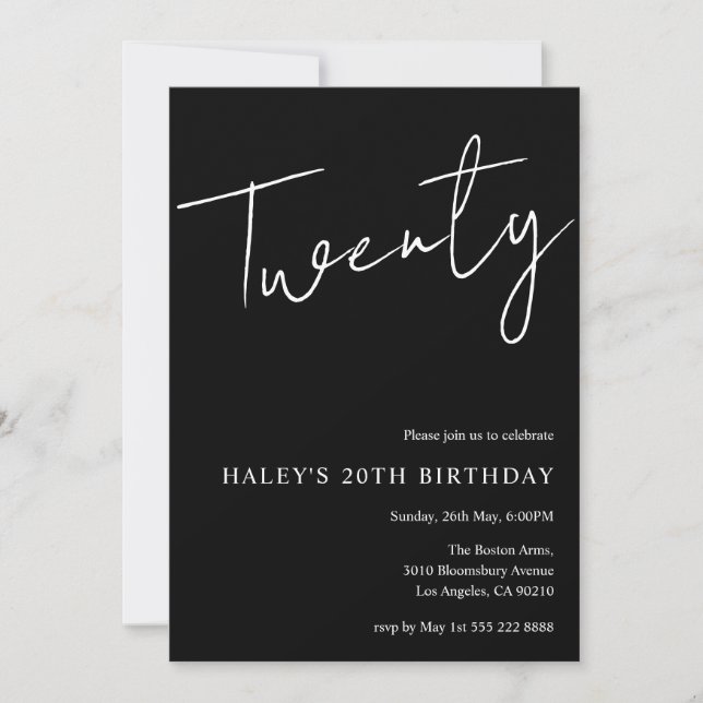 Twenty Modern Simple Black 20th Birthday Invitation (Front)