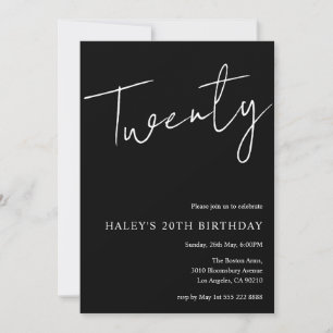Twenty Modern Simple Black 20th Birthday Invitation