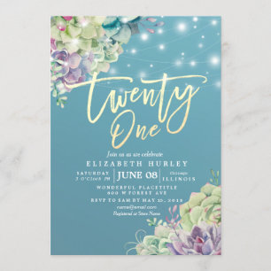 Twenty One 21 Birthday Party Watercolor Succulent Invitation