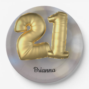 Twenty One 21 Gold Balloons with Name Paper Plate