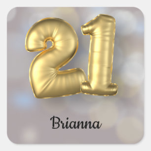 Twenty One 21 Gold Balloons with Name Square Sticker