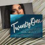 Twenty One 21st Birthday party teal gold photo<br><div class="desc">Twenty one 21st birthday party bold art brush wash in deep blue green aqua teal with a gold foil text or your own foil colour invite. Personalise this 21st birthday party script art milestone birthday invitation with your own birthday party event details, and your own photo on the reverse. Other...</div>