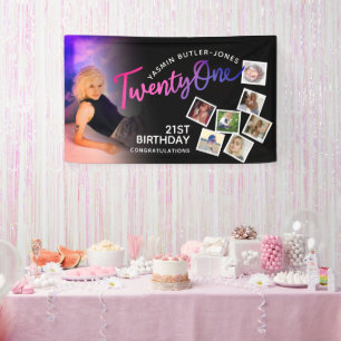 Twenty one 21st Birthday photo purple pink black Banner
