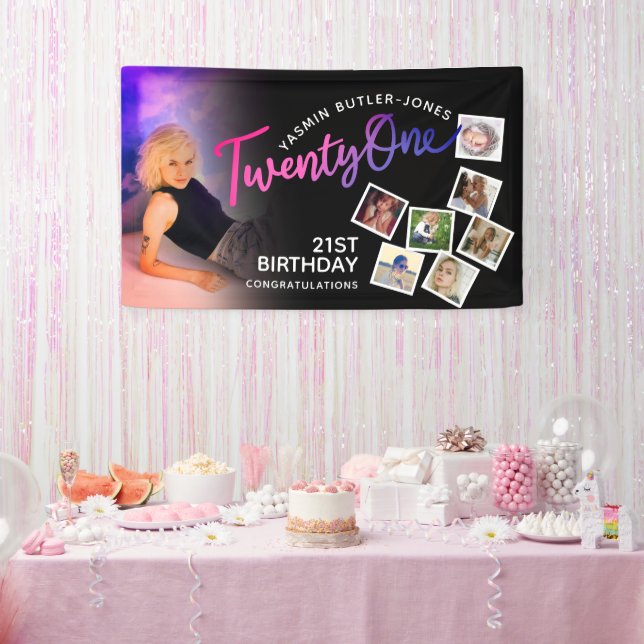 Twenty one 21st Birthday photo purple pink black Banner (Party)