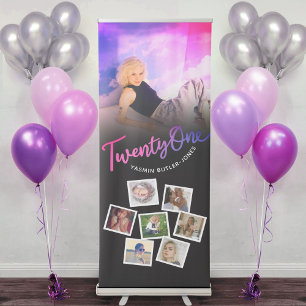 Twenty one 21st Birthday photo purple pink black Retractable Banner