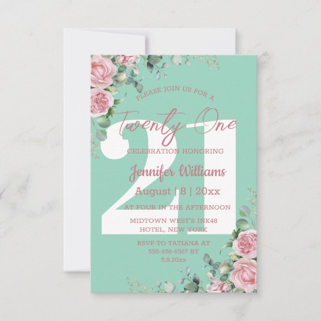 twenty one 21st birthday pink green floral modern invitation (Front)