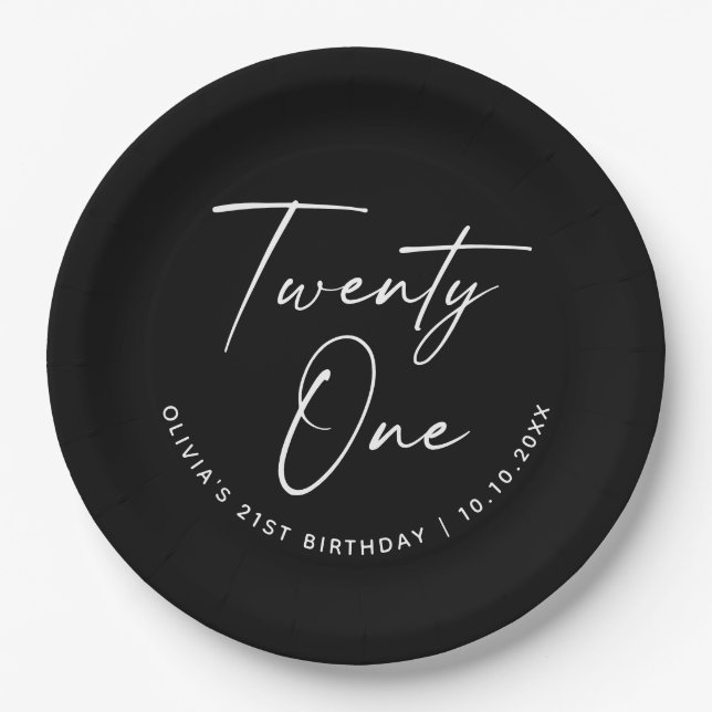 Twenty One Birthday | Black Minimalist 21st Party Paper Plate (Front)
