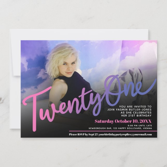 Twenty one Birthday custom photo pink purple black Invitation (Front)