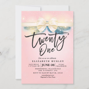 Twenty One Birthday Party Pink Gold Ribbon Flowers Invitation