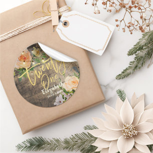 Twenty One Birthday Party Wood Flower String Light Classic Round Sticker