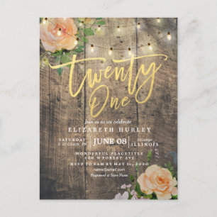 Twenty One Birthday Party Wood Flower String Light Invitation Postcard