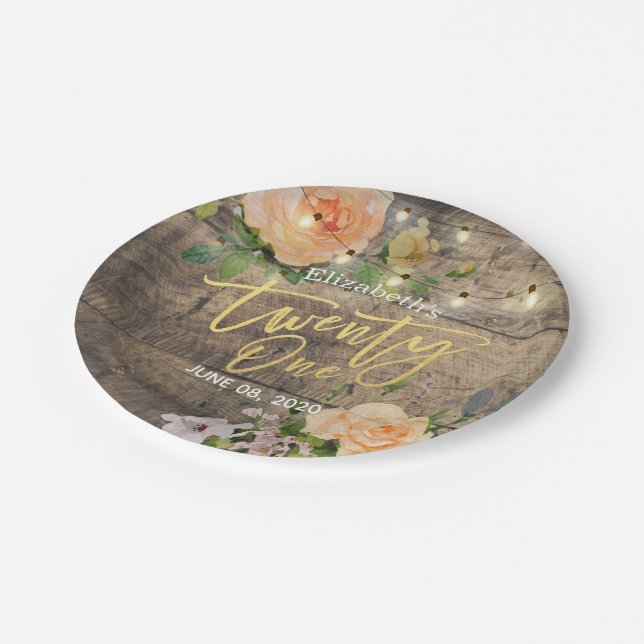 Twenty One Birthday Party Wood Flower String Light Paper Plate (Angled)