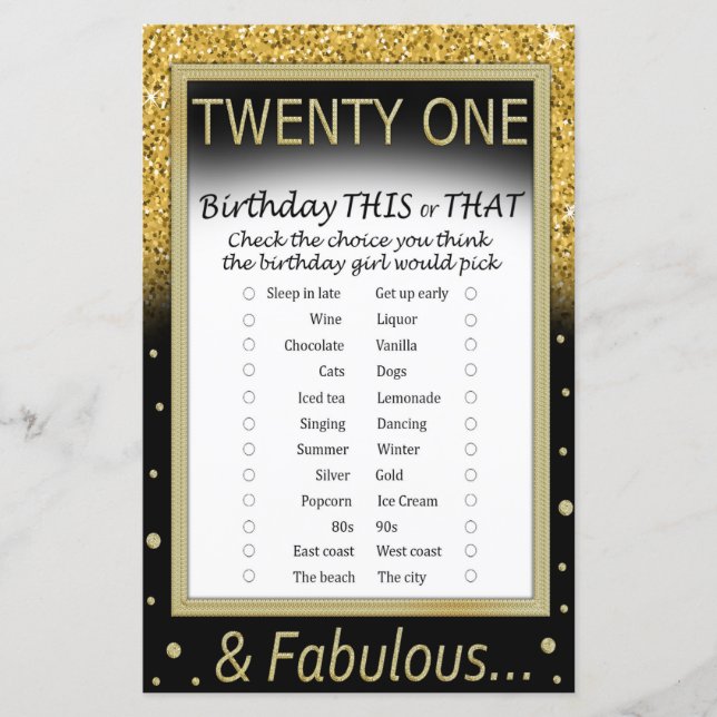 Twenty One Birthday This or That Game (Front)