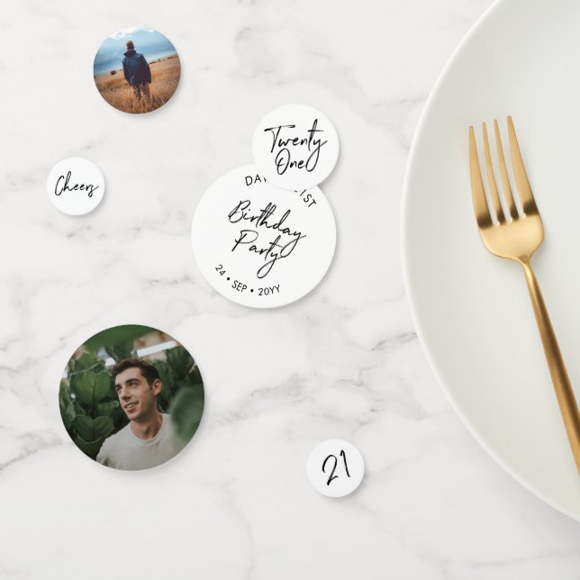 Twenty One Black, White Modern 21st Birthday Photo Confetti (Group)
