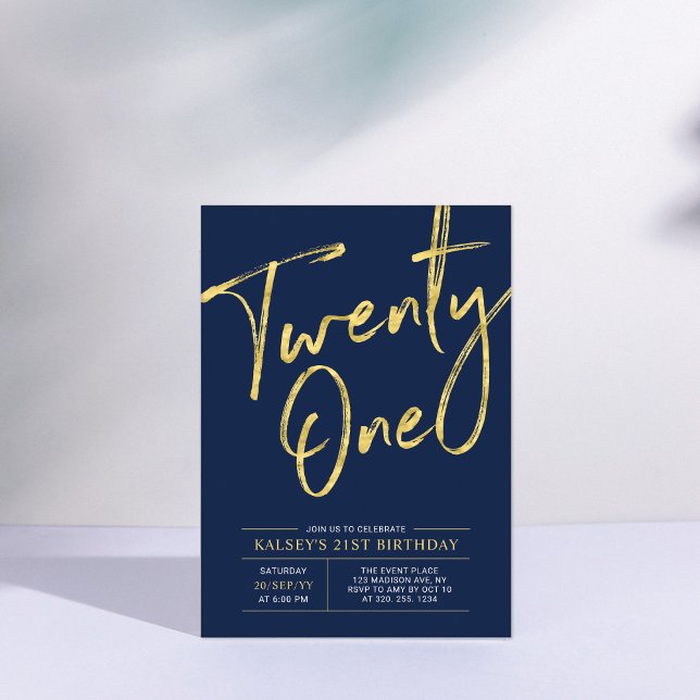 Twenty one | Blue & Gold Chic 21st Birthday Party Invitation (Creator Uploaded)
