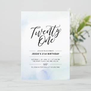 Twenty One Blue Watercolor 21st Birthday Invitation