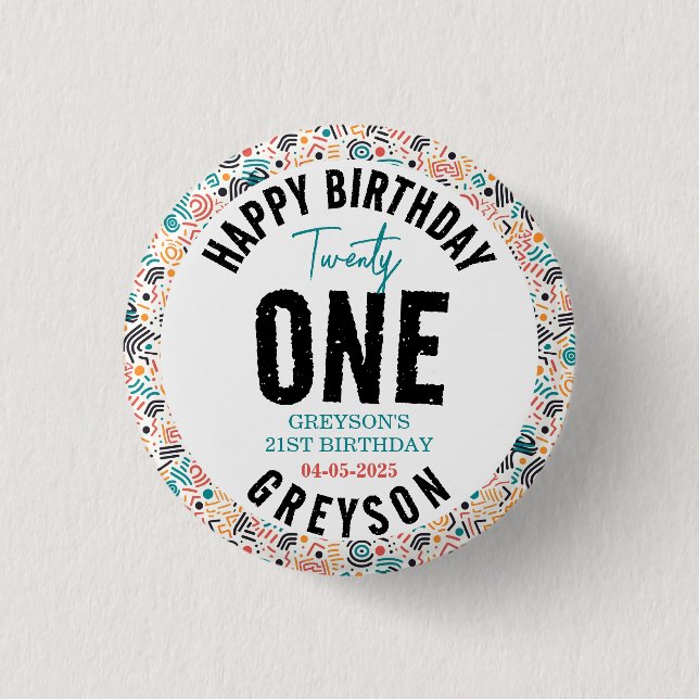 Twenty one | Colourful Geometric 21st Birthday 3 Cm Round Badge (Front)