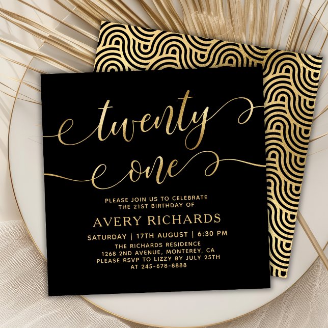 Twenty One Elegant Gold Script Black 21st Birthday Invitation (Creator Uploaded)