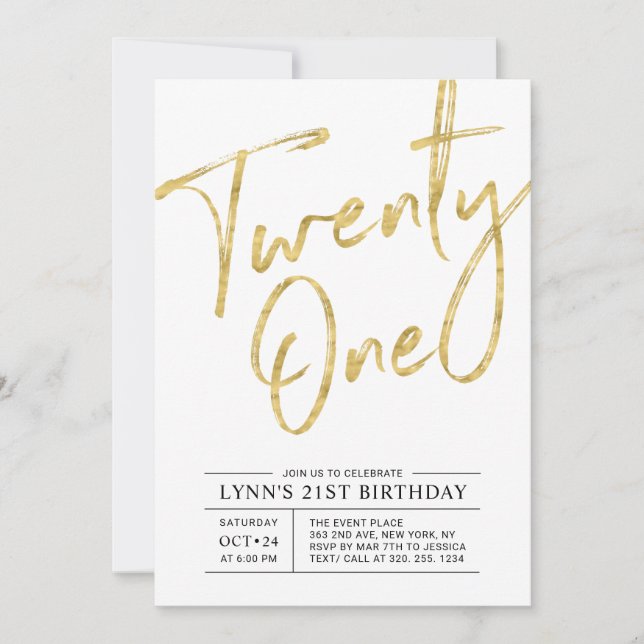 Twenty one | Gold 21st Birthday Party Invitation (Front)