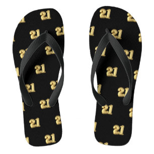Twenty One Gold Mylar Birthday Balloons on Black Flip Flops