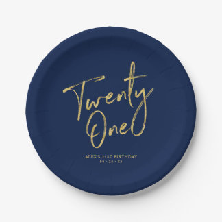 Twenty one | Gold & Navy 21st birthday Party Paper Plate