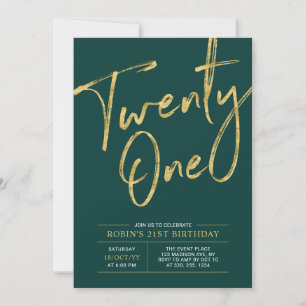 Twenty one   Green & Gold Chic 21st Birthday Party Invitation