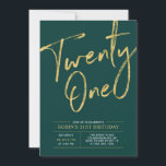 Twenty one | Green & Gold Chic 21st Birthday Party Invitation<br><div class="desc">Celebrate your special day with this simple stylish 21st birthday party invitation. This design features a chic gold brush script with a clean layout in teal green & gold colour combo. More designs available at my shop BaraBomDesign.</div>