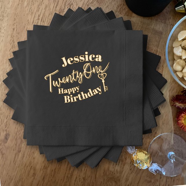 Twenty one key 21st Birthday party black gold  Foil Napkins (Creator Uploaded)