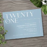 Twenty One | Light Blue Simple Airy 21st Birthday Invitation<br><div class="desc">Modern 21st birthday invitations with large heading "twenty one" text in an accent font. Off-centre design on a pale blue background.</div>