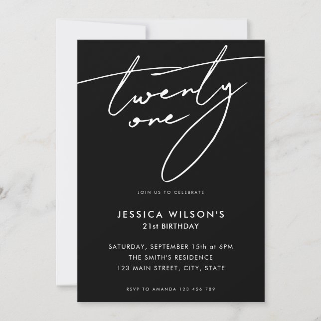 Twenty One Modern Black 21st Birthday Party Invitation (Front)