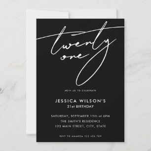 Twenty One Modern Black 21st Birthday Party Invitation