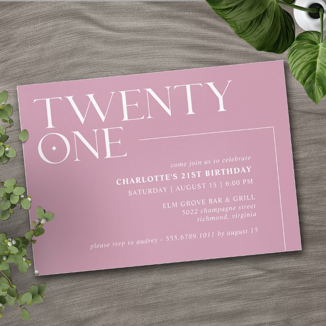 Twenty One | Modern Dusty Rose Pink 21st Birthday Invitation (Creator Uploaded)
