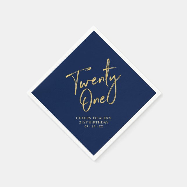 Twenty One | Modern Navy Blue 21st Birthday Party Napkin (Corner)