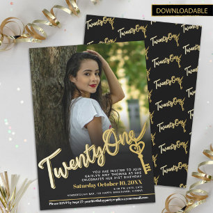 Twenty one photo black gold key 21st Birthday  Invitation
