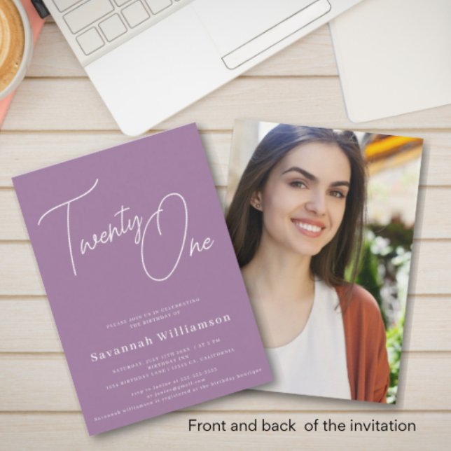Twenty one purple birthday photo invitation  (Creator Uploaded)