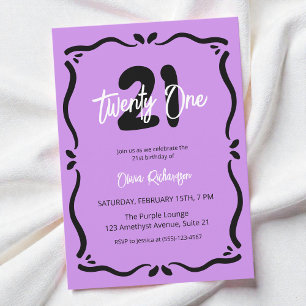 Twenty One Purple Black Elegant Chic 21st Birthday Invitation