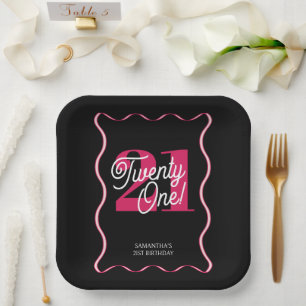 Twenty One Retro Wavy Black Pink Birthday Paper Plate