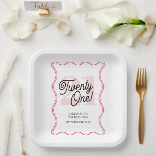 Twenty One Retro Wavy Minimalist 21st Birthday Paper Plate