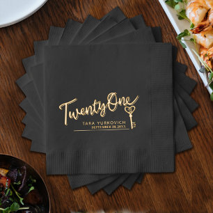 Twenty one script and key text custom name date foil napkins