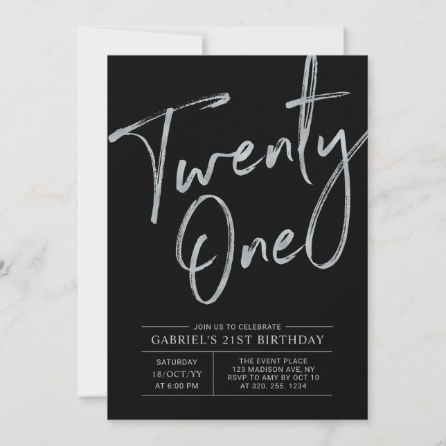 Twenty one | Silver & Black 21st Birthday Party Invitation (Front)