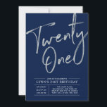 Twenty one | Silver & Navy 21st Birthday Party Invitation<br><div class="desc">Celebrate your special day with this simple stylish 21st birthday party invitation. This design features a chic silver brush script "Twenty-one" with a clean layout on a navy blue background. You can customise the text and background colour. More designs available at my shop BaraBomDesign.</div>