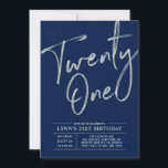Twenty one | Silver & Navy 21st Birthday Party Invitation<br><div class="desc">Celebrate your special day with this simple stylish 21st birthday party invitation. This design features a chic silver brush script "Twenty-one" with a clean layout on a navy blue background. You can customise the text and background colour. More designs available at my shop BaraBomDesign.</div>