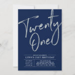 Twenty one | Silver & Navy 21st Birthday Party Invitation<br><div class="desc">Celebrate your special day with this simple stylish 21st birthday party invitation. This design features a chic silver brush script "Twenty-one" with a clean layout on a navy blue background. You can customise the text and background colour. More designs available at my shop BaraBomDesign.</div>