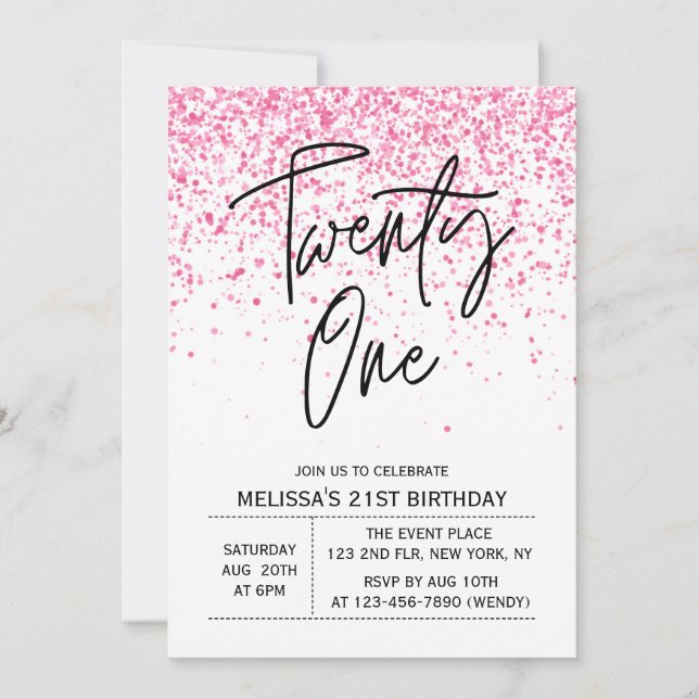 Twenty One Sparkling Hot Pink Glitter Birthday Invitation (Front)