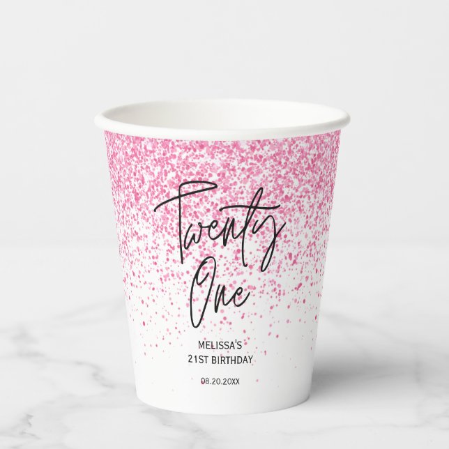 Twenty One Sparkling Hot Pink Glitter Birthday  Paper Cups (Front)