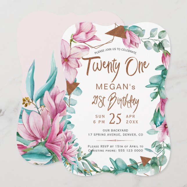 Twenty One watercolor floral 21st birthday party Invitation (Front/Back)