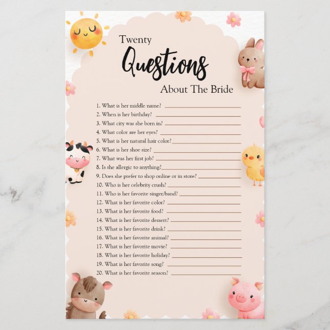 Twenty Questions About the Bride Baby Shower Game (Front)