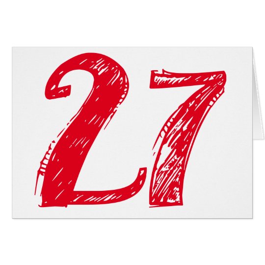 Twenty-seven is a big deal, big red text on white. card